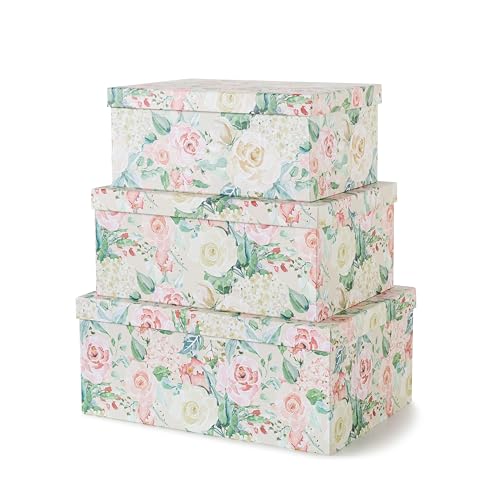 Soul & Lane - Blooming Rose Decorative Storage Boxes with Lids, Set of 3 | Large Nesting Cardboard Keepsake Boxes for Photos and Memories, Floral Photo Storage Containers for Home Decor - color: Blooming Rose