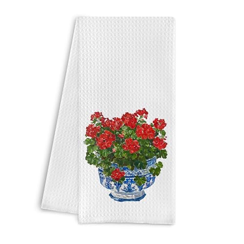 Chinoiserie Blue and White Geranium Porcelain Towels - Kitchen Dish & Bath Hand Towels (16x24 Inches, 8) - color: Blue White04