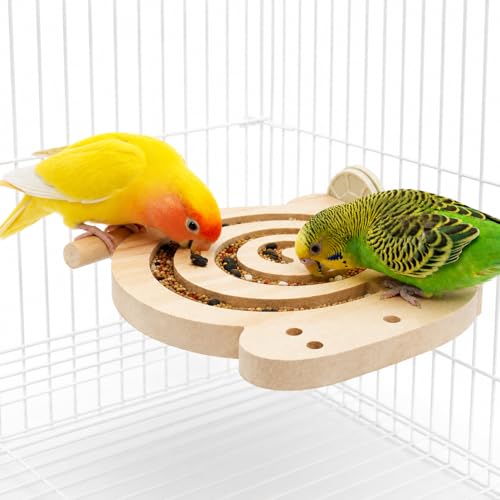 Bird Foraging Toy with Perch, Natural Kiln-Dried Wood Slow Feeder Puzzle Toy for Parakeets, Budgies Cockatiels Conures Relieve Boredom Reduce Seed Mess Prevent Overgrown Beaks for Small & Medium Birds