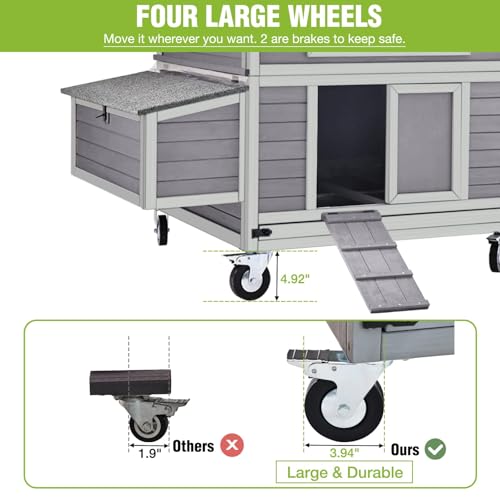 GUTINNEEN Large Chicken Coop for 4-6 Chickens, Movable Thickened Wooden Hen House on Wheels with Easy Clean Removable Tray & 2 Nesting Boxes, Extra Large Outdoor Duck Cage & Rabbit Hutch - color: Grey 14.61ft²