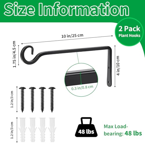 Plant Hangers Outdoor, 2 Pack 10 Inch Plant Hooks for Wall Hanging Plants | Metal Hanging Plant Bracket. Holds up to 48 lbs. For Hanging Plants, Bird Feeder, Flower Basket, Wind Chimes, Indoor Outdoor - size: 10 inches