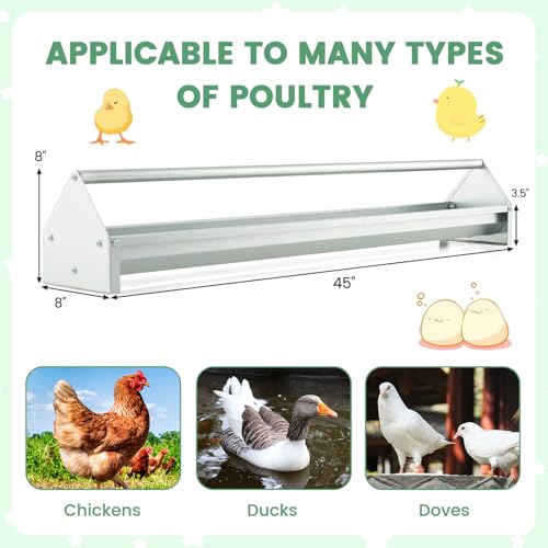 45 Inches Long Chicken Feeding Trough, Heavy Duty Galvanized Steel Chicken Feeder with Crossbar and Drainage Holes, Large Capacity Poultry Feeder Trough for Duck Geese Pigeon