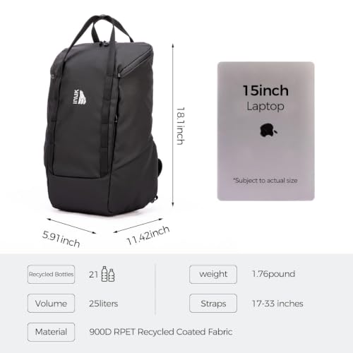 INUK Travel Laptop Backpack, 25L Recycled Waterproof Light Daypack | Dual laptop pockets, soft light foam straps, recycled wear-resistant fabric, water repellent coating, Black - color: Polar Night Black