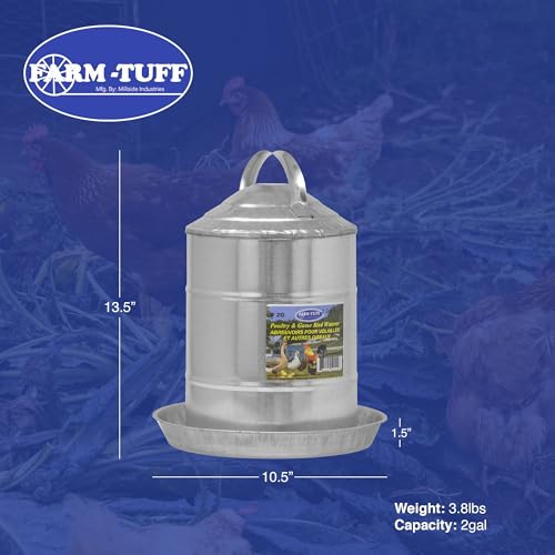 FARM-TUFF Galvanized Poultry Waterer, 2 Gallon Capacity - Double-Wall Poultry Fountain with Cone Top - Automatic Gravity-Fed Water Dispenser for Chickens, Ducks & Game Birds - size: 2 Gallon Capacity