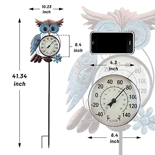 Outdoor Thermometer, Owl Outside Decor for Patio, Yard and Garden | No Battery Needed Garden Stake Wall Art Gifts Idea Waterproof - color: Cyan