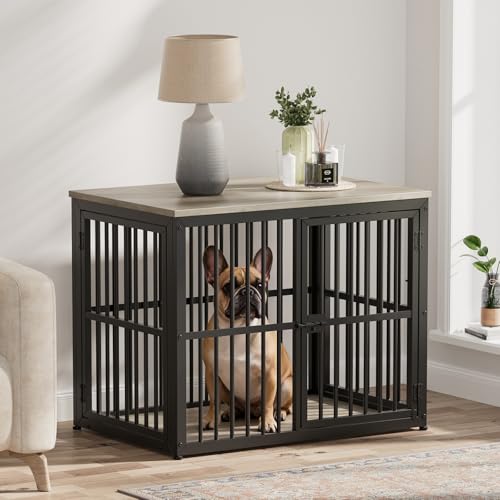 Lyromix 33'' Dog Crate Furniture with 3 Doors for Small to Medium Dogs | Wooden Kennel End Table, Heavy Duty Indoor Cage for French Bulldog, Beagle, Multiple Units Can be Combined, Grey - color: Ancient gray, size: M(33.07''×22.05''×25.98'')