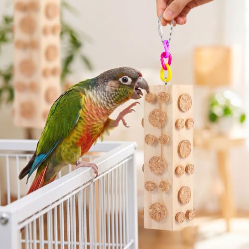 Bird Foraging Toy Parakeet Toys for Budgie, Conure, Cockatiel, Lovebird, and Small to Medium Parrots, 2 Pack Hanging Parrot Toy with 92 Detachable Corks, Natural Wood
