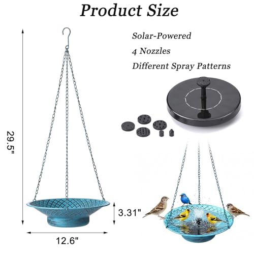 12.6" Hanging Bird Bath with Solar Fountain, Solar Bird Bath Fountains, Hanging Bird Baths for Outdoors, Hummingbird Fountain, Bird Bath Fountains Solar Power for Garden Patio Decor, Blue - color: Blue