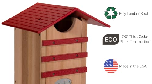 Screech Owl House Cedar Nesting Box with Poly Lumber Roof, Saw-Whet Owl Box for Outside, Drainage Ventilation, Easy Cleanout, Made in USA, Cardinal Red - color: Cardinal Red