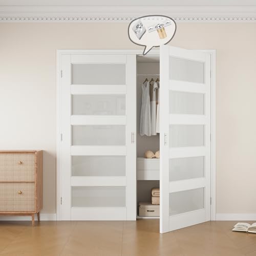64x80 Interior French Door,5-Lite Frosted Glass Doors,DIY Prehung Room Door | Prefinished & Paintable Double Doors with Ball Catches & Hinges & Handles, Tempered Frosted Glass, Interior Swing Closet Door - color: 5 Panel Frosted Glass, size: 64" x 80"