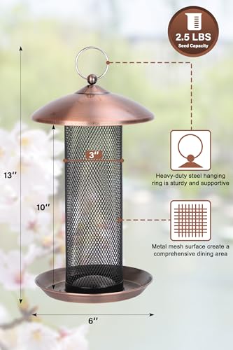 Gtongoko Finch Feeders for Outside All Metal Mesh Tube Bird Feeder Copper | 2.5 LB Hanging Bird Feeder for Nyjer & Thistle Seed, Weather-Resistant Lid, Easy Refill & Cleaning, Closed Metal Ring - color: Copper-0.24"