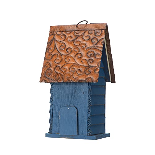 Glitzhome 12" H Hanging Birdhouse Retro Blue Distressed Wooden Cottage Garden Bird House for Outside - color: Blue
