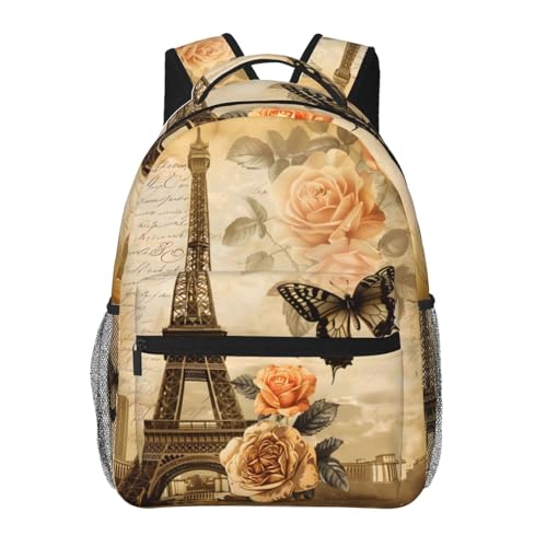 Vintage Paris Casual Backpack, Lightweight Laptop Bag Daypack, Eiffel Tower and Butterfly Backpacks for Women Men Teens Students, Retro Polyester Bookbag Gifts for School Work Travel Hiking - color: Paris