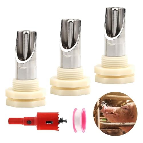 Pig Nipple Waterer for Barrel Kit, 3Pack Stainless Steel Automatic Pig Waterer System with 1 Hole Opener & PTFE Tapes, Pigs Drinker Feeder Water Tank Connector for Hog Goat Sows Piglets