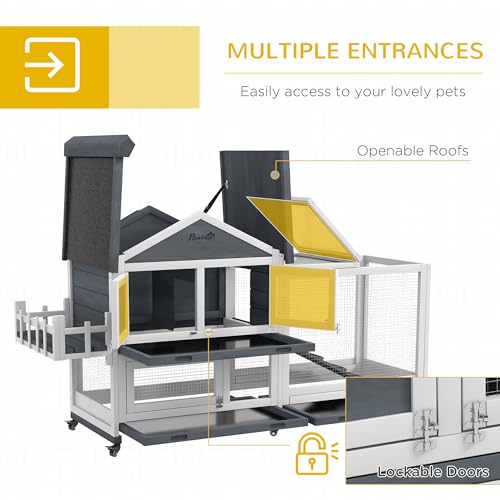 PawHut 65" Wooden Rabbit Hutch Guinea Pig Hutch Openable Roof Wheels Gray | Pet Playpen, Bunny House Enclosure, Storage Box, Slide-out Tray, Ramp, for Rabbits Chickens Ducks