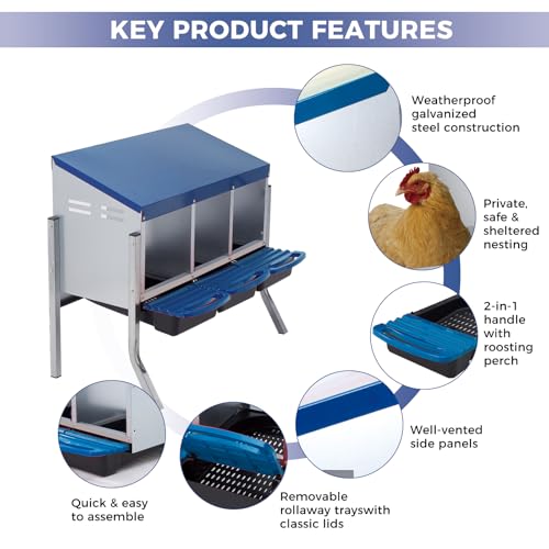 3 Hole Chicken Nesting Boxes, Weatherproof Galvanized Steel Chicken Egg Laying Box with Automatic Rollout Egg Collection, 2-in-1 Handle Perch, Easy Clean & Quick Assemble for Chicken Coop - color: Blue, size: 3 holes with legs