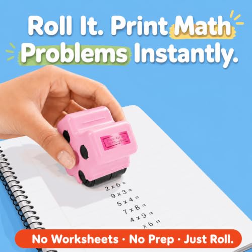 GoldenEgg Math Teacher 4-in-1 Math Roller Stamp, Addition, Subtraction, Multiplication & Fill-in-the-Blank Practice Tool for Kids, Classroom & Home Use (Pink) - color: Pink