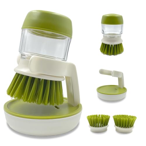 Soap Dispenser Dish Brush Palm Brush Scrub Brush Equipped with Storage Bracket and Drainage Base,Easy to Clean Kitchen Utensils and Sink, Includes a Replaceable Brush（Green） - color: Green