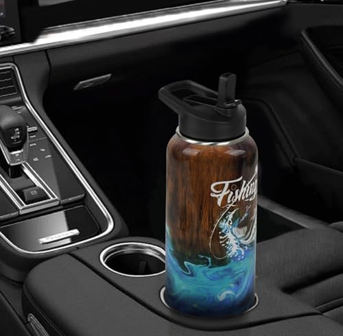 Fishing Water Bottle with Straws Fish Insulated Water Bottle Gifts for Men Dad Papa Husband Fisherman Fathers Day,Anniversary,Christmas,Birthday Travel Thermal Double Walled Vacuum Cup-32 oz - color: brown fishing