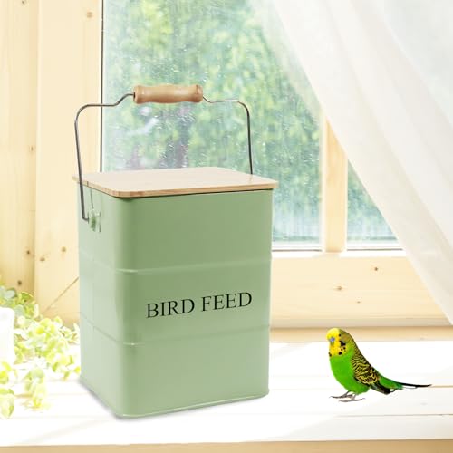 Morezi Bird treat and food storage tin with wooden lid and scoop included - green powder - carbon steel - birds food bin - pet food container storage canister - color: Green wood lid