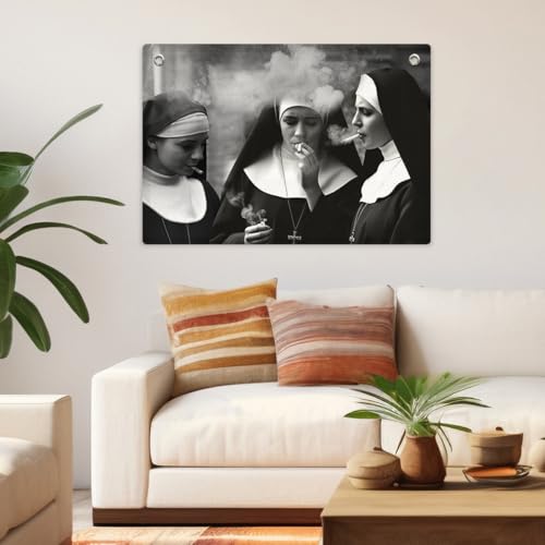Black & White Nun Smoking Banner Wall Hanging,Vintage Catholic Wall Decor Modern Religious Nun Banner Flag Tapestry for Living Room Bedroom Hallway Office Restaurant Room Decorations,28.5×20 Inch - color: Multi 0660