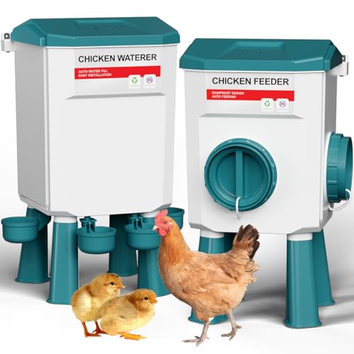Chicken Feeder and Waterer Set, 1.9 Gallon/17.7 Pounds, Automatic Chicken Feeders and Chicken Waterer, Detachable for Chickens, Duck & Quail Coop Use, Outdoor Farm & Backyard (Lake Blue)