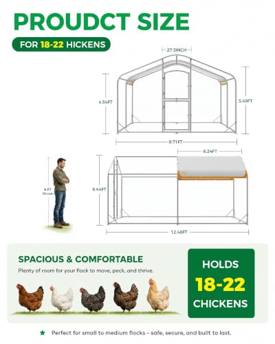 Large Metal Chicken Coop with Run, Walk-in Chicken Run for Yard with Waterproof & Anti-UV Cover, Spire Roof Outdoor Poultry Cage for Chickens Ducks Rabbits Backyard Farm