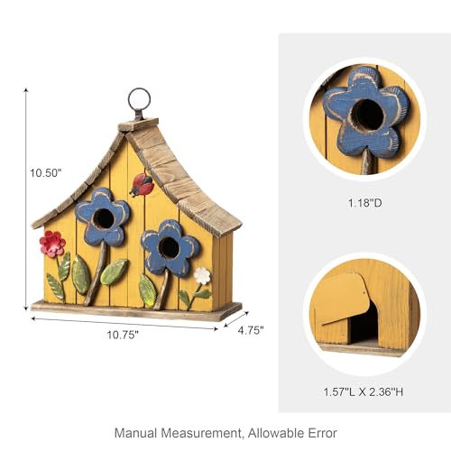 Glitzhome Bird Houses for Outside, 10.75" L Distressed Solid Wood Hanging Birdhouse with 3D Flowers Rustic Two-Story Townhouse Hand-Painted Garden Bird Houses for Outdoors,Washed Yellow - color: 10.75"L 3D Flowers Washed Yellow