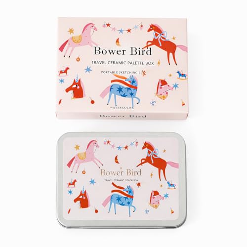 Bower Bird Travel Ceramic Watercolor Palette with Porcelain Mixing Tray, Metal Tin Box, White, 5.3x3.5x0.55 Inches, Portable Art Kit (8Well)