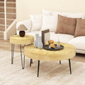 Giantex Boho Round Coffee Table Set of 2, Sofa Side Nesting Table with Solid Pine Wood Top, Metal Legs & Adjustable Foot Pads, 31.5" D Large Table Set for Living Room (Ring Pattern, Natural) - color: Natural, style: Ring Pattern