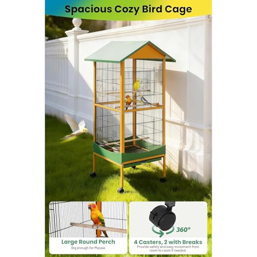 66'' Extra Large Parrot Bird Cage with Rolling Stand, Removable Tray, Waterproof Roof & Lockable Casters, Durable Wrought Iron Bird Cages for Macaw, Cockatiel, Budgie, Lovebird