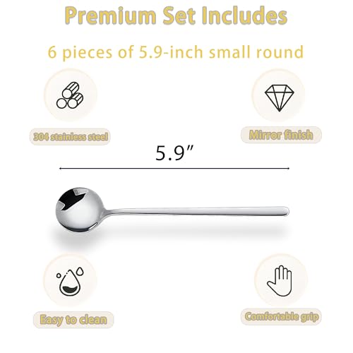 Long-handled Mirror-Finish Small Round Stainless Steel Spoon, Suitable for Scooping Bird's Nest, Honey, Coffee, Milk Powder, Sugar, Cocoa Powder and Other Foods & Desserts (6pcs 5.9", Silver) - size: 5.9in, style: 6Pcs Silver