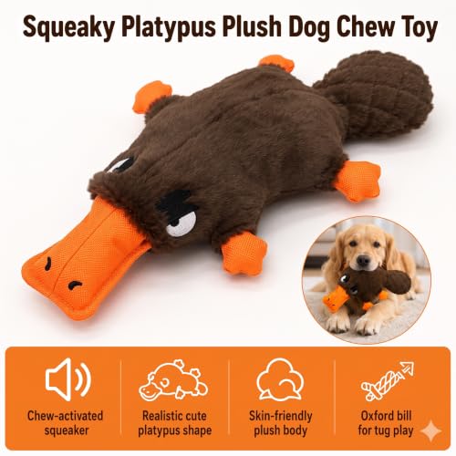 Platypus Squeaky Dog Plush Chew Toy, Interactive Tug Squeaky Toy for Chewers, Medium Large Dogs & Fetch Play, 15 Inch Stuffed Play Toy with Thick Oxford Cloth Beak for Gentle Gum Care - color: Brown (Platypus)