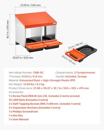 VEVOR Chicken Nesting Boxes, 2 Compartments, Easy Egg Collection, Wall Mount, Easy to Assemble, Galvanized Steel and High-Strength Plastic, Roll Away Nesting Boxes for Chickens Laying Eggs, Orange - size: 21.1"L x 20.7"W x 18.7"H