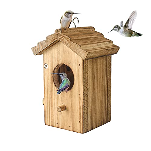 Hummingbird House for Outside Hanging, Mini Wood Birdhouse specifically for Hummingbird, Small Bird Nesting Box with Perch, Weather-resistant outdoor birdhouse, Dimensions:3.3*4.1*5.9 inch