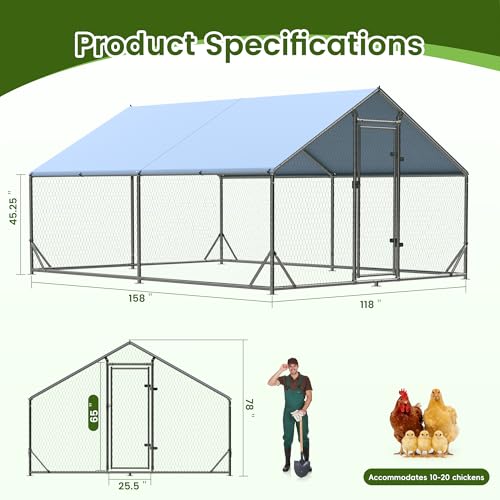 Large Metal Chicken Coop,Upgraded Outdoor Chicken Coop Run Chicken Shelter,Walk-in Poultry Cage Spire-Shaped Chicken Run with Waterproof and Anti-UV Cover for Outside,Backyard and Farm,13'x9.8'x6.4' - size: Full Coverage/13'Lx9.8'Wx6.4'H