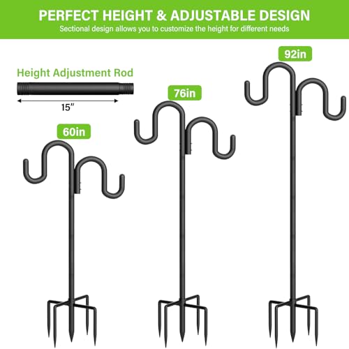 Double Shepherd Hook for Outdoor, 92" Heavy Duty Bird Feeder Pole with 5-Prong Base, Adjustable Thickened Shepherd Hook for Bird Feeder, Flower Baskets, Solar Lights, Lanterns, Black, 1 Pack - size: 92"