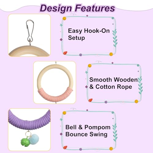 3-Ring Bird Wooden Swing with Bell Climbing Toy Chewable Cotton Rope Perch | 17 Inch for Cage Cockatiels Budgies Parakeets Lovebirds