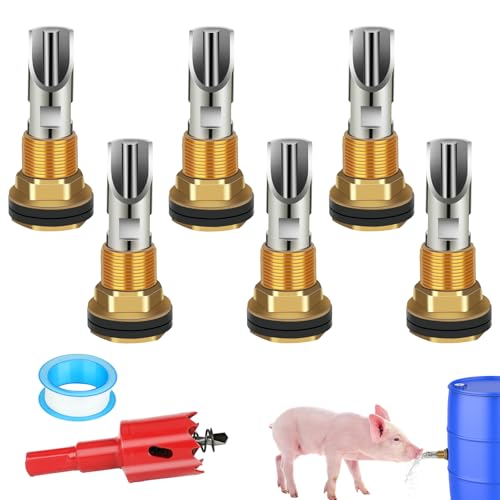 6 Pack Pig Waterer Nipples, Stainless Steel Hog Waterer Barrel Kit | Automatic Pig Nipple Water Drinker, 2.5 x 0.75 in Size, 1/2 in Thread, Touch-Activated Flow, PTFE Tape, Piglets and Goats - color: Coppery-6 Pcs