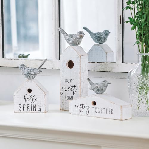 3 Pcs Birdhouse Shaped Wooden Table Decor with Bird Ornament, Rustic Farmhouse Spring Decor for Shelf Mantel Desk Decoration, Housewarming Gift, Hello Spring, Nest Together, Home Sweet Home