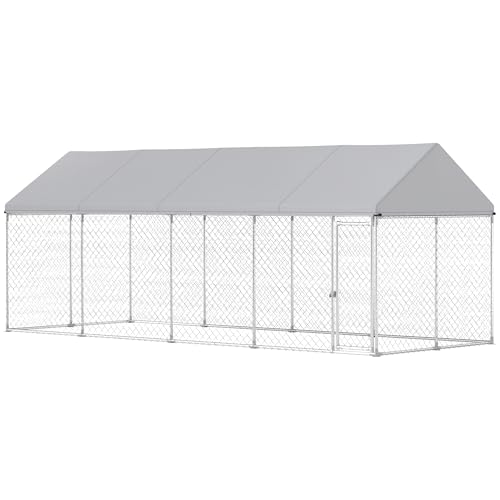 PawHut Outdoor Dog Kennel for Large Breed 20' x 7.5' x 8' w/Secure Lock | Heavy Duty Large Dog Kennel Outside, Waterproof Roof, Galvanized Chain Link Pet Enclosure, for Chicken, Duck - size: 236.2"L x 90.6"W x 94.5"H