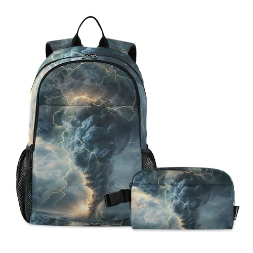 Lightning Tornado Grey Backpack with Lunch Bag, School Travel Backpack for Teens Boys Girls Backpacks Set - color: Grey and Brown