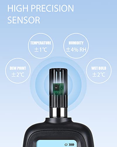 Humidity and Temperature Meter, Digital Hygrometer Handheld | Measure Dew Point, Wet Bulb, Ambient Temp, Humidity Thermometer Gauge, Psychrometer for Home, Room, Indoor, Outdoor HVAC