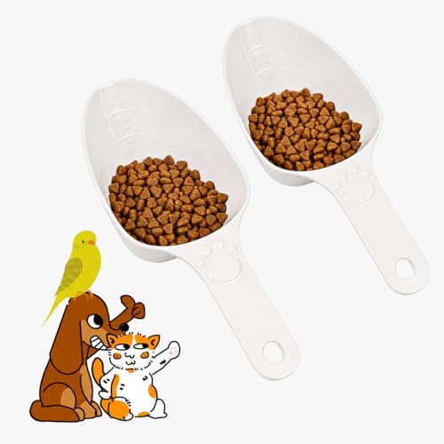 Dog Food Scoop 1 Cup, One Cup Measuring Cup, Food Grade Melamine Pet Food Measuring Scoop with 1/2&1/4 Cup Markings, Long Handle Food Scoop For Cat, Brid, Rabbit, Dishwasher Safe (White*2) - color: White