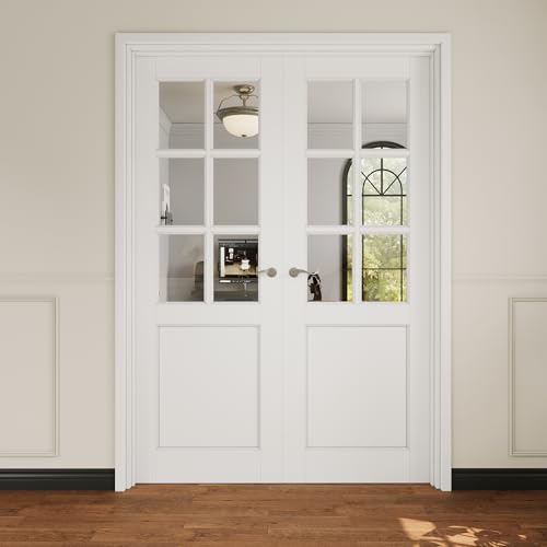 48x80 Interior French Door,6-Lite Clear Glass Doors,Living Room Doors | Satin Nickel Hardware-Privacy Door Lever w/ Lock, Latch&Hinges, Solid Core,Tempered Glass,No PreDrill,Jamb Assembly Required - color: 6 Lite, Silver Hinges, size: 48x80 for 50x82 open