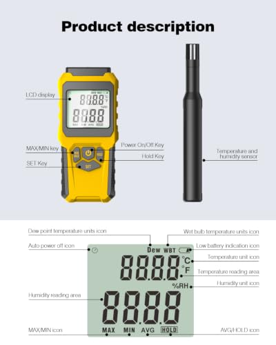 MT-93D Split Thermo Hygrometer Humidity Meter | Flexible spring cord air temp probe, RH dew wet bulb readout, backlit LCD, data hold MAX/MIN, ℃/℉, humidifier HVAC greenhouse