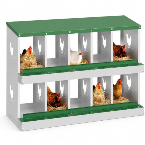 Galvanized Steel Chicken Nesting Box 10 Grids, Metal Egg Laying Boxes for Hens with Hinged Lid and Ventilated Design, Easy Clean Poultry Nest Box for Chicken Coop Accessories, Green, No Legs - color: Green, size: 10 Holes no Legs