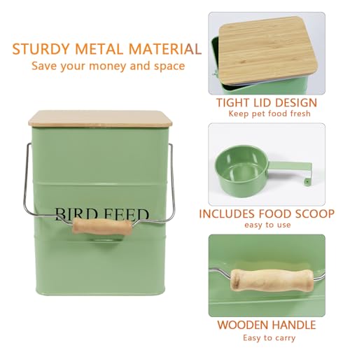 Morezi Bird treat and food storage tin with wooden lid and scoop included - green powder - carbon steel - birds food bin - pet food container storage canister - color: Green wood lid