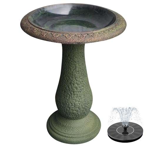 Pedestal Birdbath with Solar Fountain, Resin Stone Composite Outdoor Garden Decor, Standing Bird Bath for Outside Patio Yard, 23-Inch Tall, Garden Fountain, Resin Bird Baths, Hummingbird Bowl - color: Roman Green