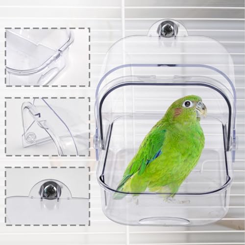 Bird Bath for Cage Transparent Bird Bathtub Hanging Portable Shower Pool No-Leakage with Stainless Steel Hooks for Small Birds Parakeet Canary Budgerigar Parrot Crested